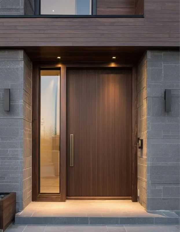Pintu kayu solid pada fasad rumah