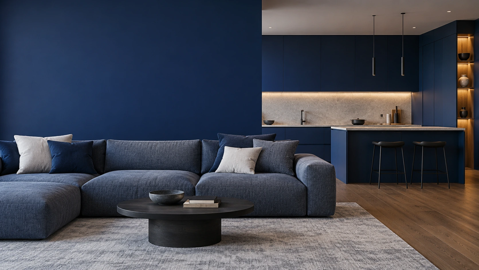 Ilustrasi konsep ruangan bernuansa navy dengan sofa dan dapur terbuka, dibuat dengan AI